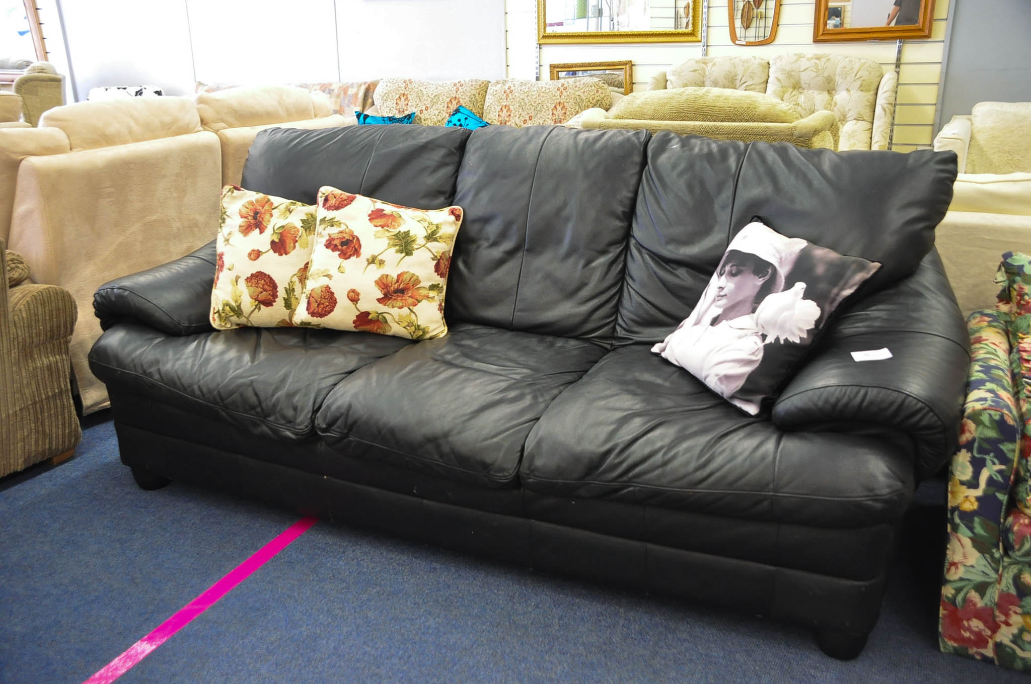 3 Seater black leather Sofa. 84" long, 36" deep, 35" tall